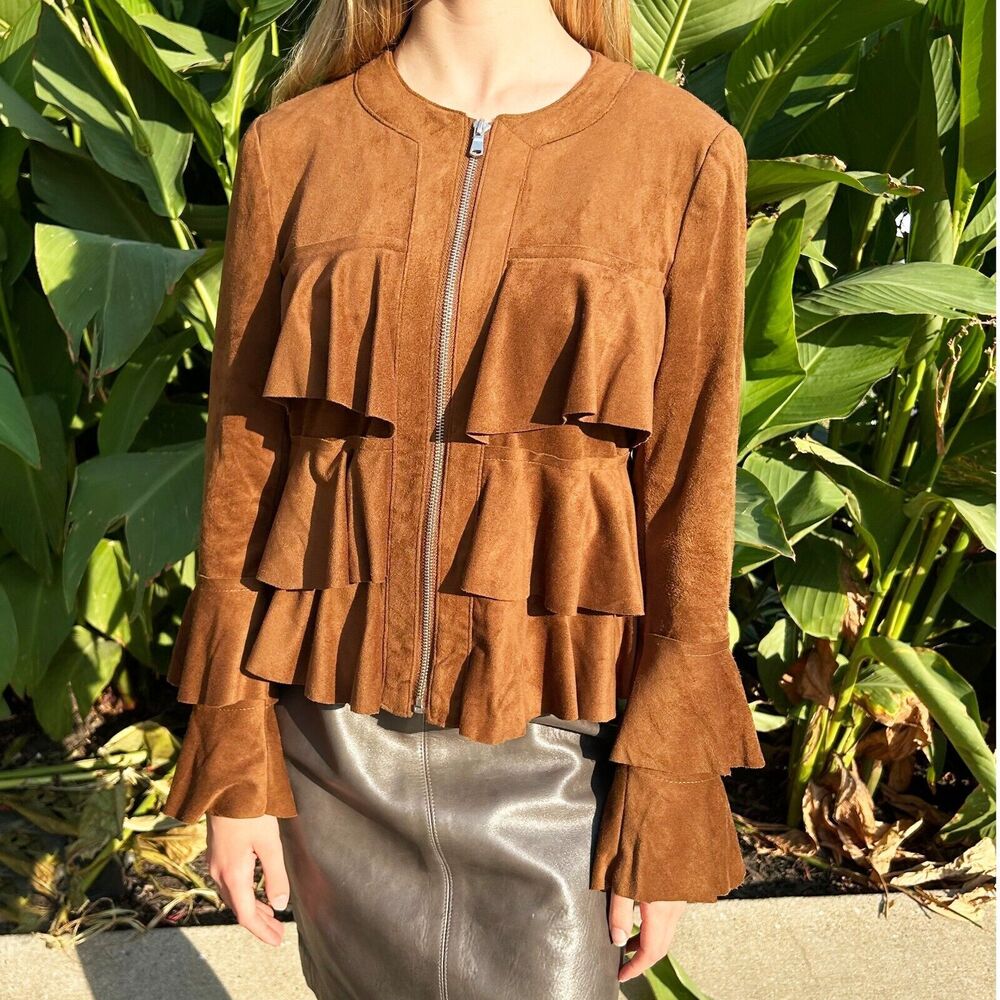 Brown Ruffled Zip Front Jacket Women's Petite Small INC International Concepts